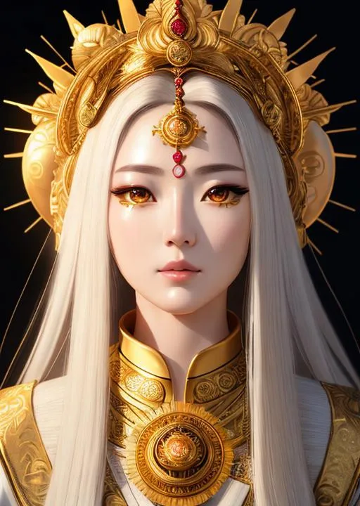 Prompt: portrait of Amaterasu, sun goddess, the queen of heaven, beautiful eyes, sun rays coming
through behind, unreal engine 5, gorgeous, charming, mesmerizing, elegant, graceful, detailed face, delicate lips, ultra realistic, cinematic light, hd octane render, high resolution scan, masterpiece, hyperrealism, delicate detailed complex, vibrant colors, highly detailed, intricate detailed, volumetric lighting, light reflection 