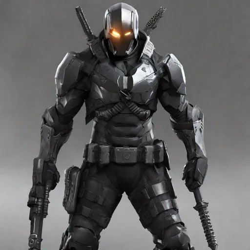 Prompt: Futuristic combat stealth soldier, arkham knight style military helmet, short helmet, sleek helmet, deathstroke, iron man style armour, swords, post-apocalyptic setting, high-tech and tactical armor, ninja, assassin, assassin's creed, evil, sith lord, supervillain, call of duty, battlefield, shogun, viking, futurism, star wars, the punisher, mandalorian, SAS, navy seals,  weapons, germanic, samurai, dual swords, gritty atmosphere, detailed reflections on armor, best quality, highres, ultra-detailed, futuristic, post-apocalyptic, sleek design, professional, atmospheric lighting, city background, extreme utility on armour, black colour