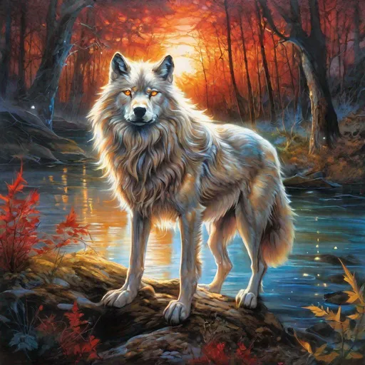Prompt: Insanely beautiful (wolf), glowing, thick pearl-white fur, billowing wild golden mane, on two legs, translucent, luminescent, illusion, anime, glistening fiery mane, flaming red eyes, majestic wolf, in a magical forest near a lake, sunrise, beneath the stars, bioluminescent, professional oil painting, landscape masterpiece, enchanted woods, fantasy, magical waterfall, crystal lake, lakeside view, blue moon, navy night sky, surreal scenery, peaceful, beautiful, glowing fireflies, UHD, 64k, unreal engine, high octane render, high quality, best quality, professional, absurd resolution, vivid colors, neon colors, highly detailed, intricate detail, sharp focus, highres, best quality, concept art, epic digital art, intricately detailed, cinematic, vibrant, UHD, professional