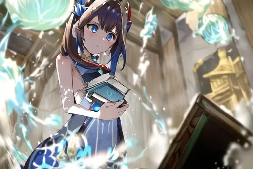 Prompt: Genshin impact ,Brown hair short, and 2 blue hair strand Wearing a fatui mask and a white dress with water slowly coming up her, water floating around her in small balls and a book , Her necklace has a hydro vision in from the fatui's. She is 33. She looks scared and cute