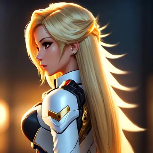 Prompt: Overwatch Mercy, Beautiful, cute, long flowing blonde hair, ultra fine detail, ambient lighting, dramatic lighting, beach