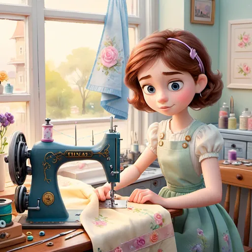 Prompt: Watercolor painting of a tender girl with brown hair operating a sewing machine, sewing company logo in the background, soft and intricate sewing details, high quality, watercolor, elegant, pastel tones, professional lighting, sewing room with fabrics