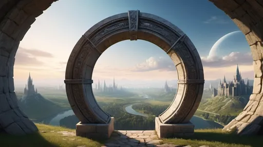 Prompt: circular portal, gateway between cities realms worlds kingdoms, ring standing on edge, freestanding ring, complete ring, panoramic view