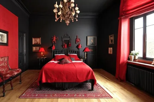 Prompt: Black bedroom, red as secondary color, dark, medieval, real, 