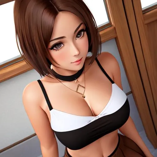 Prompt: half body realistic detailed image of a beautiful young woman in a school girl's outfit, short mini skirt, low cut top, brown hair, thigh high stockings, perfect beautiful body, beautiful face, 