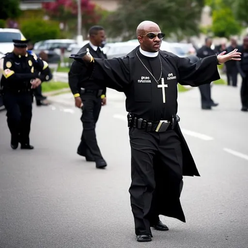 Prompt: an angry black police chief dressed as a priest