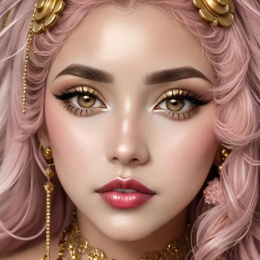 Prompt: big  eyes and carmine lips, silver and golden breaded silk, lips, pink cheeks