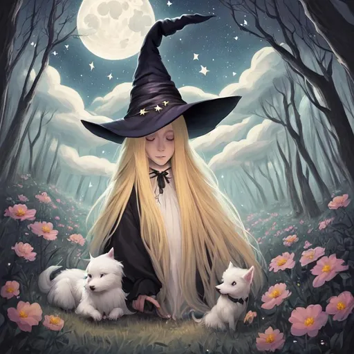 Prompt: witch with long blonde hair, wearing witch hat, cute, dreamy, big white dog, aesthetic, fairycore, disney, pixar, moon, stars, clouds, flowers, witchcraft, walking in a forest, with dark starry sky, clouds, beautiful, etheral, award winning illustration, artstation, highres