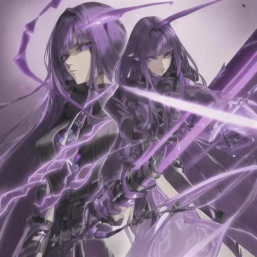 Prompt: Beautiful female alien hybrid, detailed eyes, has a sword emanating lightning, a young anime woman with long dark purple luxurious hair with a fringe haircut, purple eyes, disoriented due to memory loss, wearing a trenchcoat with neon purple edges and a belt with hanging silver chains and wears black leather gloves, an amethyst hairclip in her hair, fantasy, clear sparkling purple glowing eyes, intricately detailed face, intricate, highly-detailed, ultrarealistic face, large landscape, mechanics, dramatic lighting, gorgeous face, lifelike, stunning, digital painting, large, artstation, illustration, concept art, smooth, sharp focus, looking and smiling at viewer, full body, photography, detailed skin, realistic, photo-realistic, 8k, highly detailed, full length frame, High detail, showing full body, full body art 