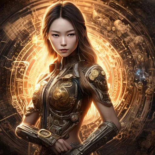 Prompt: CGI, 4K high resolution, western style, japanese female, smirking, intricate light brown hair with blonde streaks, 0% opaque clothing, surrounded by alchemy symbols