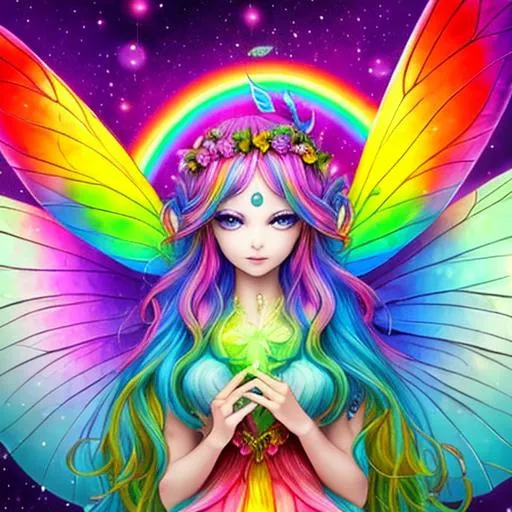 Prompt: fairy goddess. ,rainbow colors,
 closeup