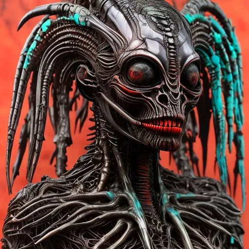 Prompt: Woman alien giger made of red glowing obsidian turquoise shell bone coral jet ultra detailed realistic 