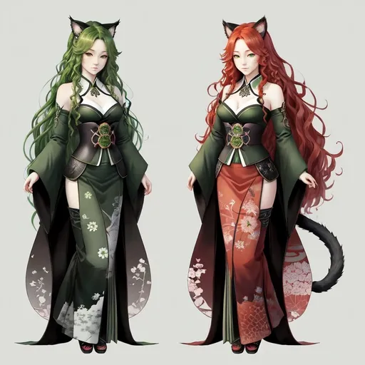 Prompt: Japanese ink art, Celtic woman, face with cat ears and tail, long red curly hair, detailed green eyes, detailed skin texture, full body view, detailed Japanese background, diffused lighting, delicate, artistic, beautiful, 