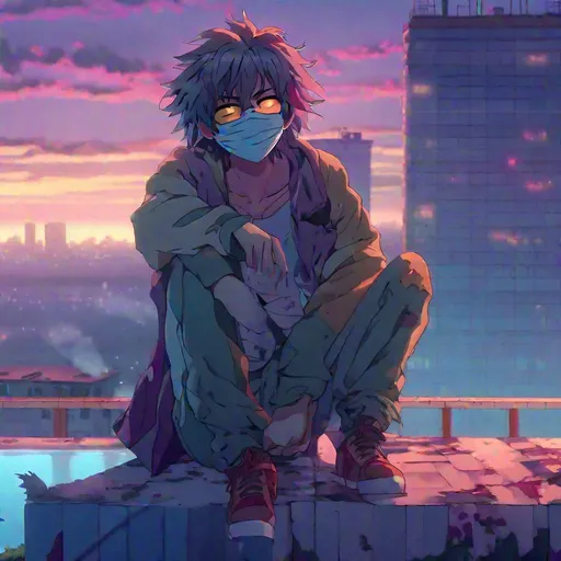 Prompt: insane, anime character with wavy hair sitting on an abandoned hotel roof top gazing into the pool beneath him as zombies are in the background, smiling, foggy background, zoomed out, aesthetic mask, scars, HD, 4K, vibrant colors that clash with dull background 