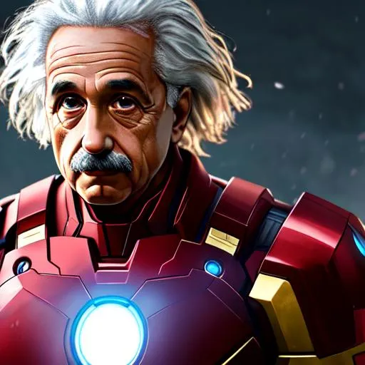 Prompt: Albert Einstein as Iron man, mask off, extremely, detailed environment, detailed background, intricate, detailed skin, natural colors , professionally color graded, photorealism, 8k, moody lighting.