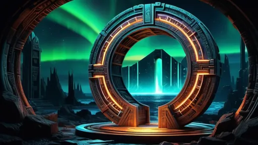 Prompt: magical portal between cities realms worlds kingdoms, circular portal, ring standing on edge, upright ring, freestanding ring, hieroglyphs on ring, complete ring, ancient aztec architecture, atlantis setting, aurora borealis, panoramic view, dark night, futuristic cyberpunk tech-noir setting