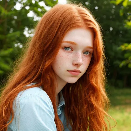 Prompt: Portrait of Ginger pale skin freckled young skinny woman, freckles, Norwegian, turned up small nose, long wavy ginger unwashed hair, thin lips, cute face, pure, ((shy)), sun from behind, sun on hair, 18 years old, thin