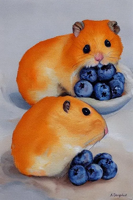 Prompt: orange syrian hamster painting, with a blueberry