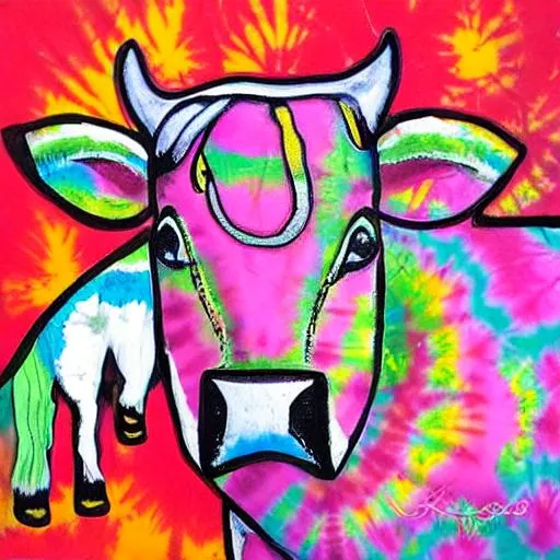 Prompt: A bright, vibrant, dynamic, spirited, vivid painting of a dairy cow with tie-dye pattern. 