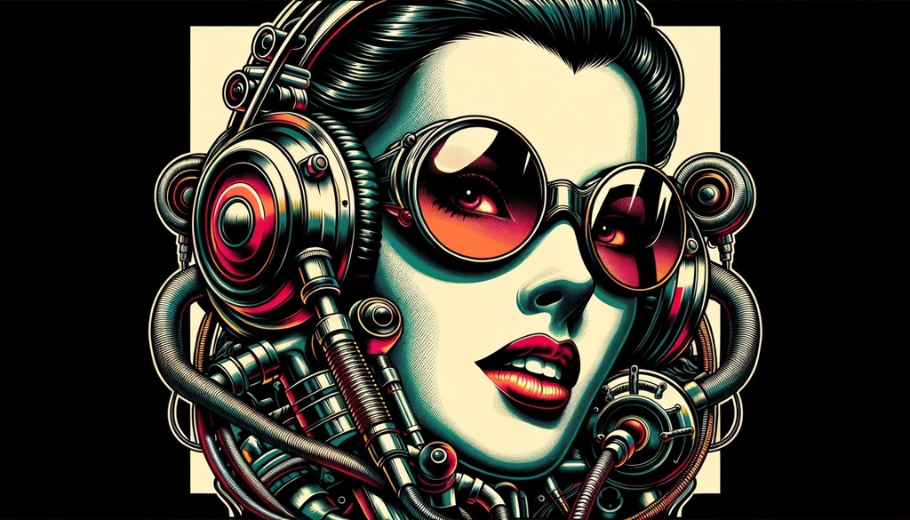 Prompt: A dieselpunk-inspired illustration of a woman wearing headphones, with darkly detailed caricature elements, infused with the vivid colors and bold lines of classic Hollywood album covers.