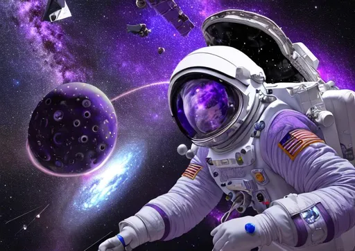 Prompt: universe, purple-blue, light, repairing satellite, mechanics, cable, electric, human white spacesuit floating, planets, asteroids,