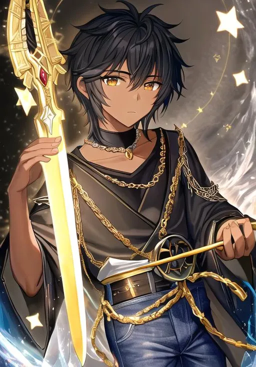 Prompt: A highly detailed oil painting of a black dog-eared 10-year-old african american boy summoning light from the sacred realm wielding a sword made of gold aluminum aloid wearing blue jeans and a black kimono