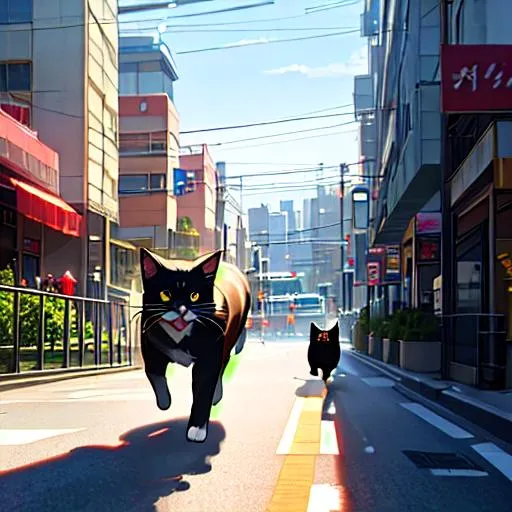 Prompt: while A young girl and her cat running away from female bullies at school, in downtown Fukuoka on a busy day, a cute male superhero rescues them from the bullies, 4:00 pm, 8k, unreal engine, cinematic still