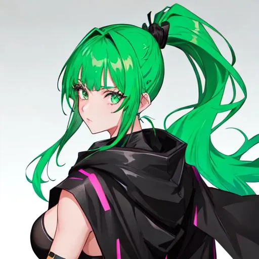 Prompt: She has a long, distinctive neon-green and black ponytail that comes out from behind her hood, and her bangs are dyed pink
