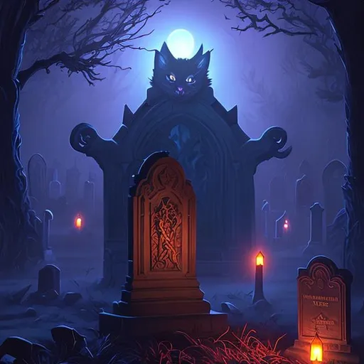 Prompt: shadow cat demon in a graveyard at night, Digital painting, Ultraviolet, style of Brothers Hildebrandt 