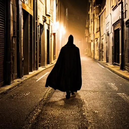 Prompt: a man wearing a black cloak fighting crime at night in an ally 
