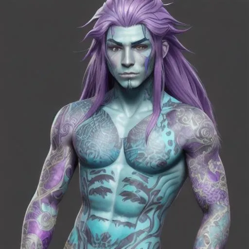 Prompt: Male water genasi with teal skin, long purple hair, purple tattoos