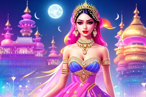 Prompt: head-on, surreal cartoon, high fashionista pose, glossy, walking toward viewer, stunning Punjabi lolita, she is dressed like a summer queen, dramatic jewelry, statement necklace, background is architecture lit by the moon,  trending on artstation