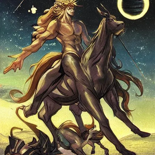 Prompt: centaur (plural centaurs) (Greek mythology) A mythical beast having a horse's body with a man's head and torso in place of the head and neck of the horse. synonym ▲ Synonym: hippocentaur. (astronomy, also capitalised) An icy planetoid that orbits the Sun between Jupiter and Neptune.