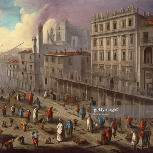 Prompt: Lisbon before 1755, night,  workers, man , women, chimneys, fog, caulker man, fish sellers with canastras, bat, 18th century Lisbon, new image, color image, city
