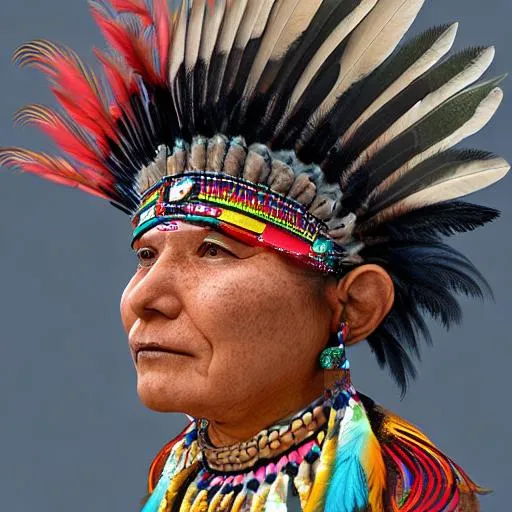 Prompt: Ojibwe warrior lady, Ogichidaawi,  Ogichidaa,  MI, detailed, aanji-bimaadizi, colorful, feathers, shells, award-winning CGI