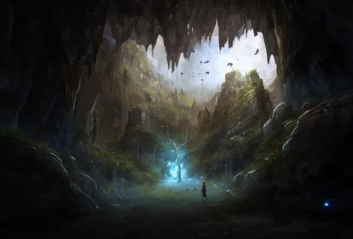 Prompt: D&D, underground cave town,  dnd
realistic 4k, no sky