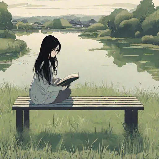 Prompt: women with long black hair is sitting on a bench and reading a book, there is grass and a big pond in the background