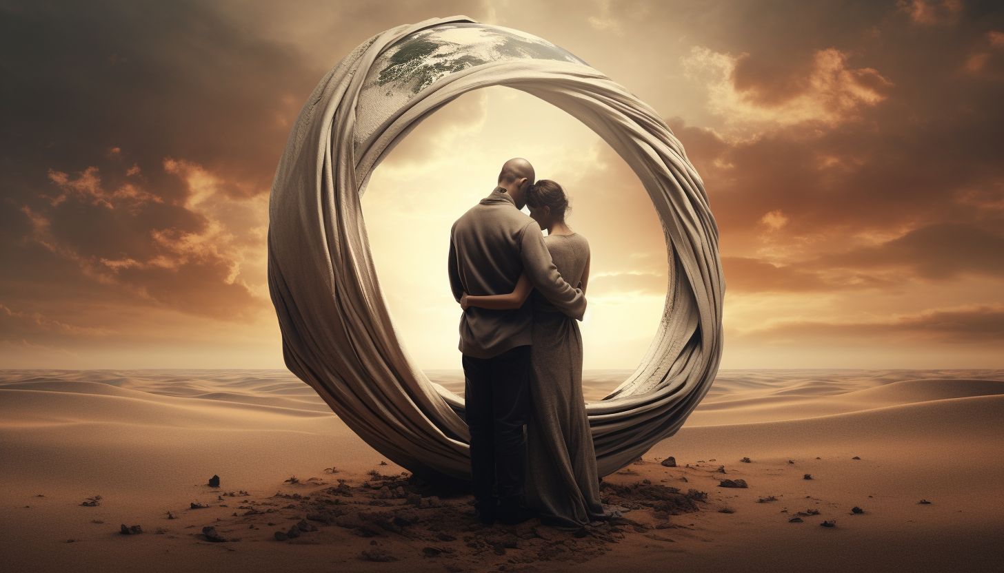 Prompt: an image of an earth and a man hugging each other, in the style of twisted futurism, bess hamiti, graceful sculptures, signe vilstrup, romantic illustration, mars ravelo, anamorphic art --ar 128:73 --v 5.2