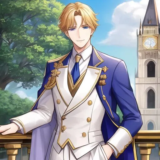 Prompt: a wealthy and friendly man who is noble, bright, and a famous prince who lives near of a tower.