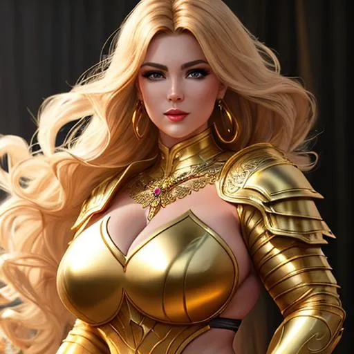Prompt: Woman, stunning, curvy, muscular, strong, fit, paladin wearing golden armor, fantasy, UHD, 8k, high quality, ultra quality, perfect composition, trending art, trending on artstation, sharp focus, studio photo, intricate details, cinematic lighting, special effects, hyper realism, hyper realistic, Very detailed, oil painting, full body