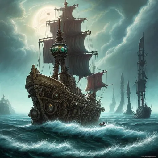 Prompt:  fantasy art style, painting, sea, smog, fog, deep ocean, Norse, Norse mythology, ancient, pirates, pirate ship, dome, glass dome, waves, mist, naval ship, utopia, warship, biological mechanical war machine, war machine, tubes, pipes, warship, snakes, serpents, eels, tentacles, octopus, jellyfish, giant ship, camouflage 