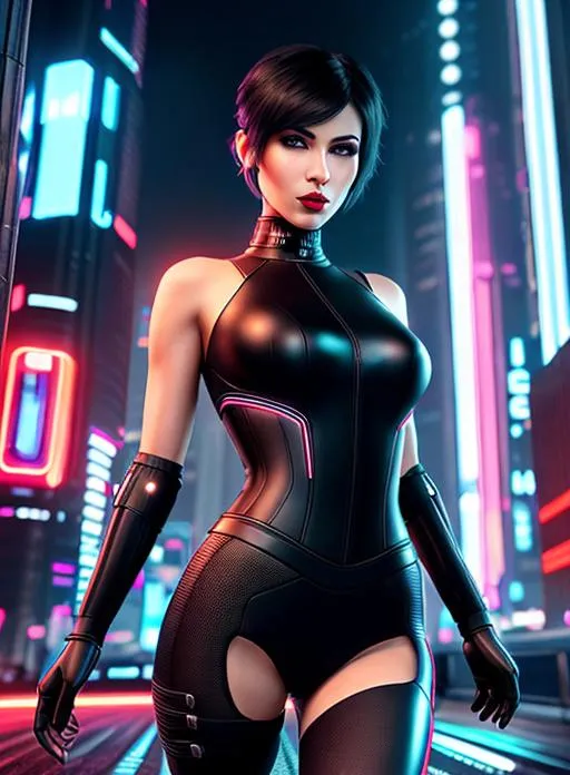 Prompt: Full length body, Ultra realistic photo of a woman, ultra detailed eyes, dreamy black colored eyes, dark brown colored eyes, cyberpunk assassin, round face, futuristic cityscape, futuristic city background, full length body, beautiful short black hair, neon lighting, pixie haircut black hair, crimson red lips, dark red lips, ultra detailed full lips, symmetrical, dark wide eyes, soft lighting, detailed face, by makoto shinkai, stanley artgerm lau, wlop, rossdraws, concept art, digital painting, most popular final photograph