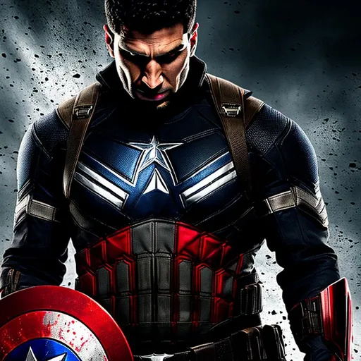 Prompt: High-resolution hyperrealistic photo of {the punisher} [frank castle] merged with captain america {steve rogers}, skull logo, black and crimson and grey costume, uhd, hdr, 64k