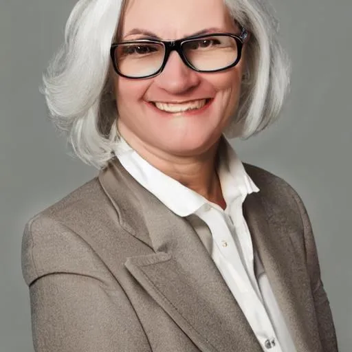 Prompt: Middle aged woman, white hair, brown plastic reading glasses. Beige business suit.