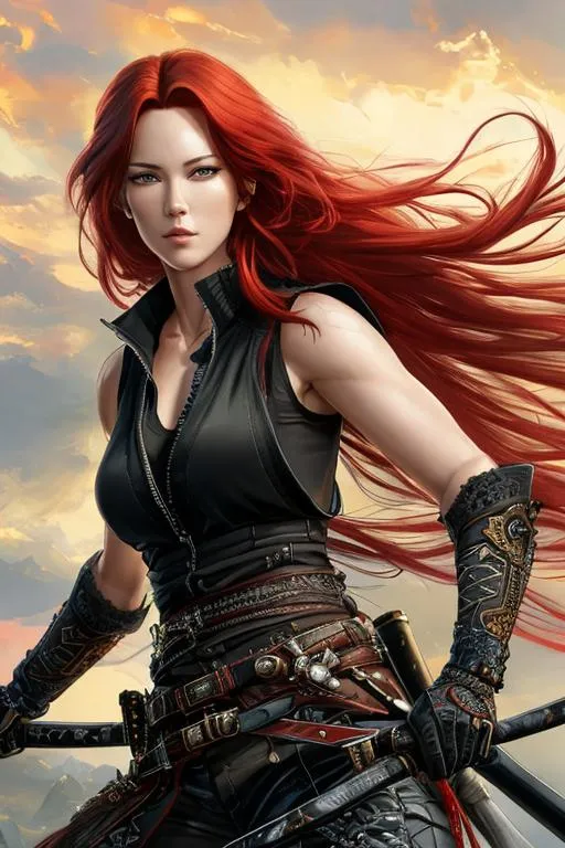 Prompt: UHD, hd , 8k, oil painting, fantasy, hyper realism, digital art  Very detailed, zoomed out view of character,  female warrior character  with long red hair, in her right hand she holds a katana its blade is facing outward away from her , the katana facing forward, she is wearing a  black sleeveless sweater with a blue leather biker vest over top,  she wears black shorts and belt and wears  knee high boots, 