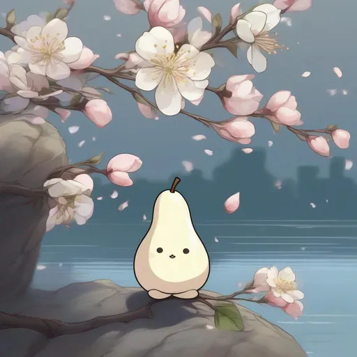 Prompt: Lonely pear blossoms fall and drift away with the river's current. My old friend, if you receive a white flower, that represents my longing, masterpiece, best quality, in kawaii style