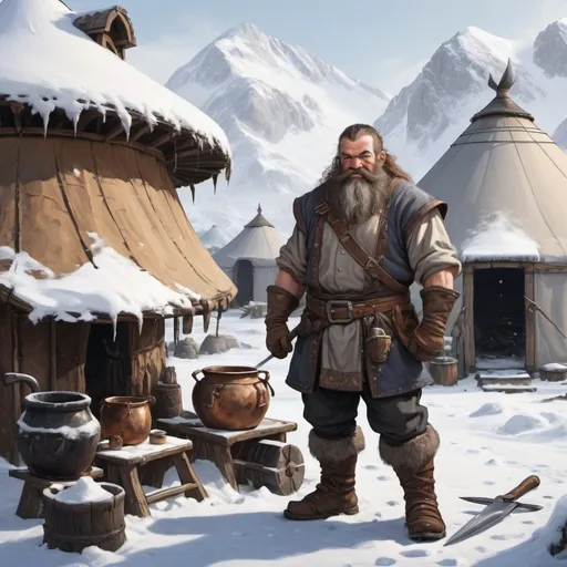 Prompt: male dwarf blacksmith fantasy in snowy landscape with yurts