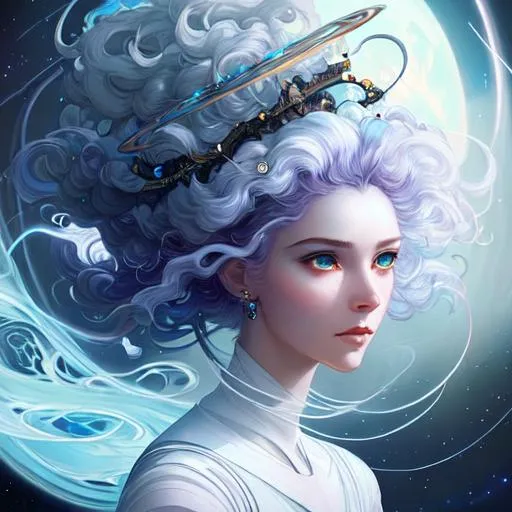 Prompt: beautiful ethereal woman, she has Saturn rings and planets  And shooting stars around  her head like a hat , she has hair made of glowing white clouds, dramatic lighting coming from the planets, aesthetic, inspiring, creative, hyperdetailed, rim lighting, art by artgerm , Peter mohrbacher, Greg rutkowaski, Tom Bagshaw, WLOP, digital art, smooth, aesthetic, glow, shimmer