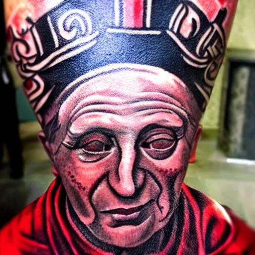 Prompt: hyper realistic hyper real vatican pope 666 tattooed on forehead in red oil holding a serpent spear