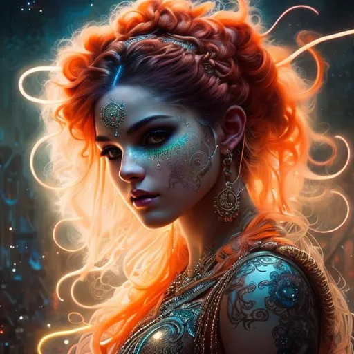 Prompt: Insanely detailed Portrait photograph of beautiful woman in rags, she has straight and bright neon orange hair and an ultra detailed face, lacy white clothes, symmetrical bright neon yellow cat pupils, silver circlet, cleavage, soft face, deep colors, full moon lighting glow background, shadows, Breathtaking Fantasycore Artwork By Android Jones, Jean Baptiste Monge, Alberto Seveso, Erin Hanson, Jeremy Mann. Intricate Photography, A Masterpiece, 8k Resolution Artstation, Unreal Engine 5, Cgsociety, Octane Photograph, sharp focus